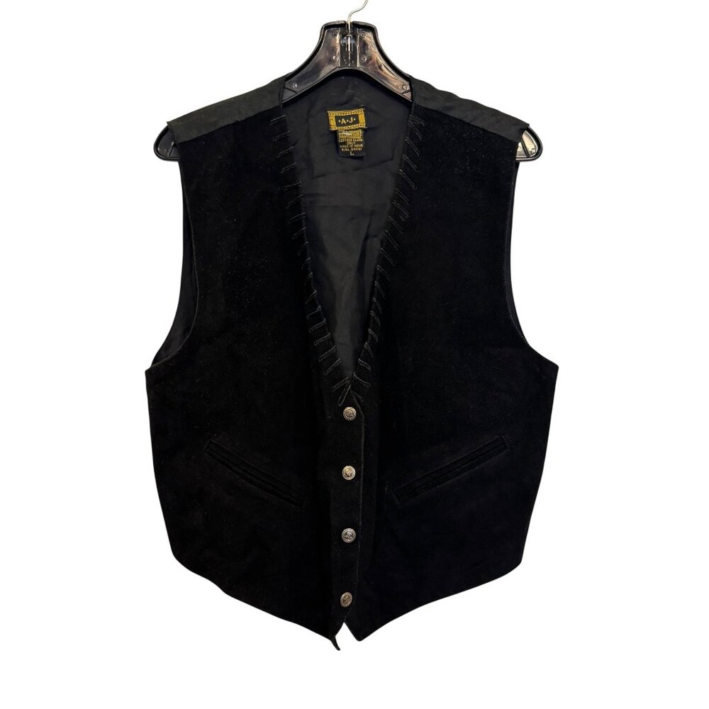 AJ Black Genuine Leather Western Vest With Button Front Size L Made In India Ray